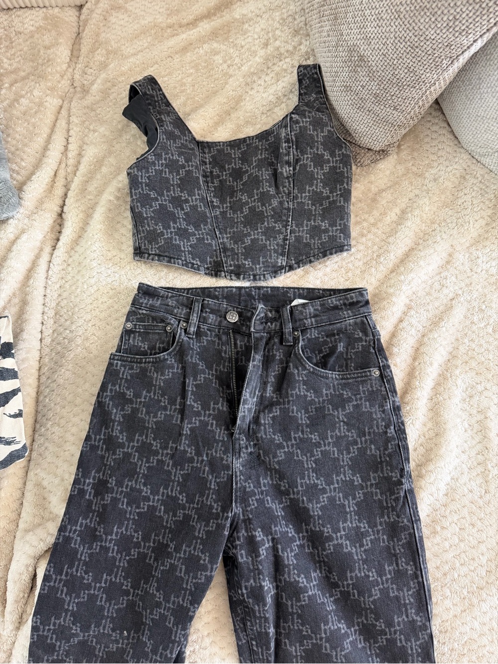 Ksubi Black All-Over Logo Boyfriend Jeans with Matching Denim Crop Top